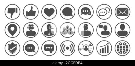 Runde Symbole für soziale Medien mit Personen, Chat, Daumen nach oben, wie Symbole Stock Vektor