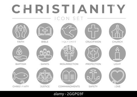 Runder Überblick Christentum Ikone mit Glauben, Bibel, Kreuzigung, Taufe, Kirche, Auferstehung, Heiliger Geist, Heilige, Gebote, Licht, Protectio Stock Vektor