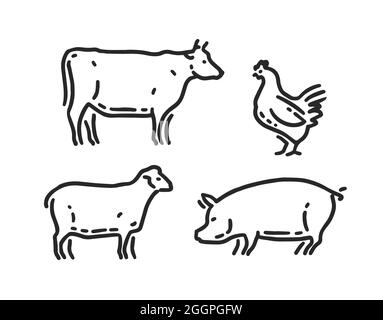 Bauernhof Haustiere Ikone in geradlinigem Stil gesetzt. Symbol-Vektor-Illustration für Kuh, Schaf, Huhn, Schwein Stock Vektor