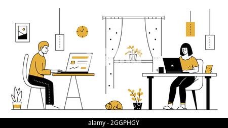 Home Office – Illustration im modernen Liniendesign. Nette Illustration eines Paares, das in einem Raum in ihrer Wohnung arbeitet. Die Idee des Conve Stock Vektor