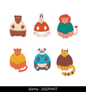 Traurige und mürrische Tiere, aber niedlicher Hase, Löwe, Bär, Tiger, Katze und Panda in Pullovern. Vektor isolierte Elemente für die Konstruktion. Stock Vektor