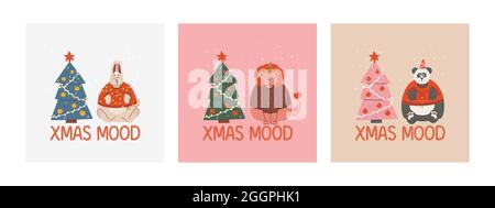 Set von Karten mit Cartoon unglückliche Tiere und Weihnachtsbaum. Schriftzug Weihnachtsstimmung. Traurig und mürrisch, aber süß Hase, Löwe und Panda in Pullover. Stock Vektor
