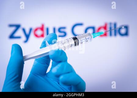 In dieser Abbildung hält eine Hand in medizinischen Handschuhen am 2. September 2021 eine Spritze vor dem Zydus Cadila-Logo in Barcelona, Spanien. Zydus Cardil Stockfoto