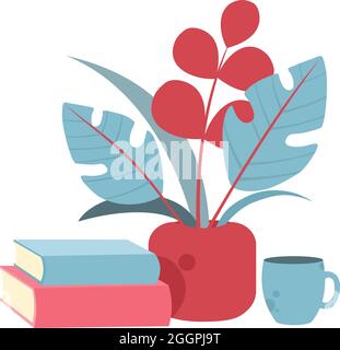 Bücher, Blume, Topf heißen Tee Tasse Symbol Cartoon-Vektor. Studie buchen Stock Vektor
