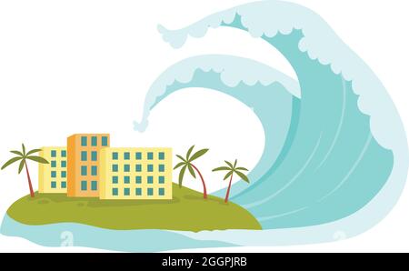 Cartoon-Vektor der Tsunami-Insel mit Symbol für Wellen. Meer Stock Vektor
