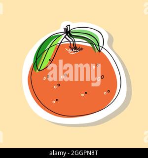 Vektordarstellung einer Orange oder Mandarine auf einem Ast mit Blättern im Doodle-Stil. Stock Vektor