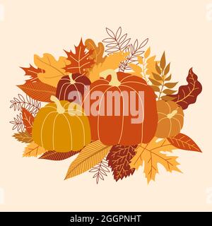 Vektorgrafik Orange Kürbis. Herbst Halloween Kürbis, Gemüse Grafik-Ikone oder Stempel. Farbiger Rahmen mit Kürbissen und Blättern. Stock Vektor