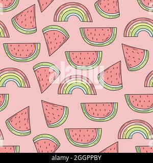 Nahtloses Muster aus handgezeichneten farbigen Wassermelonen und Regenbögen für Design. Endloses Muster auf rosa Hintergrund für Druck, Textil, Verpackung, Menü Stock Vektor