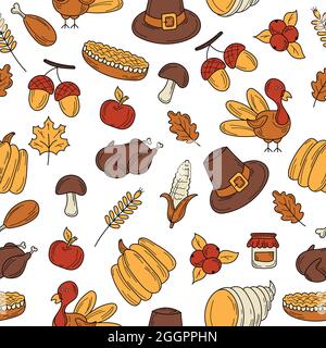 Bunte Vektor handgezeichnete Doodle Cartoon-Muster von Objekten und Symbolen auf der Thanksgiving Herbst Thema. Weißer Hintergrund. Stock Vektor