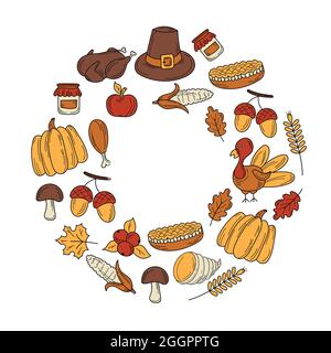 Bunte Vektor Hand gezeichnete Doodle Cartoon Satz von Objekten und Symbolen auf der Thanksgiving Herbst Thema - Autumn Kranz. Postkartenmotiv Stock Vektor