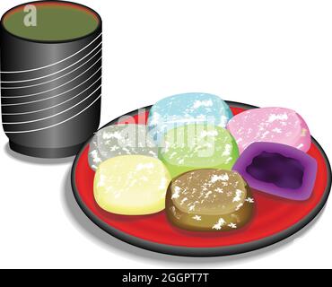 Das bunte Daifuku Mochi Set gefüllt und mit grünem Tee serviert. Stock Vektor