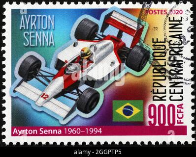 Ayrton Senna und sein McLaren auf Briefmarke Stockfoto