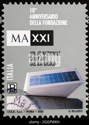 MAXXI, Nationalmuseum der Kunst des 21. Jahrhunderts in Rom, auf Briefmarke Stockfoto