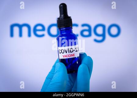 Esp. September 2021. In dieser Abbildung hält eine Hand in medizinischen Handschuhen am 2. September 2021 eine Spritze vor dem Medicago-Logo in Barcelona, Spanien. Medicago ist ein neuer vegetaler Impfstoff gegen Covid-19, der derzeit entwickelt wird. (Foto von Davide Bonaldo/Sipa USA) Quelle: SIPA USA/Alamy Live News Stockfoto