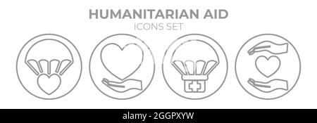 Humanitäre Hilfe Round Outline Isoliertes Symbolset Stock Vektor