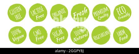 Gluten, Laktose, GVO, zuckerfrei, biologisch, Frisch, Premium-Qualität, Umweltfreundlich, 100% Vegan, Natürlich, Vegetarisch, Farm Food Icons Label Set Stock Vektor