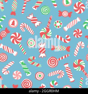 Vektor nahtloses Muster mit handgezeichneten Bonbons, Lutscher und Bonbons. Niedliches Design für Weihnachtsverpackungen, Textilien und Hintergründe. Stockfoto