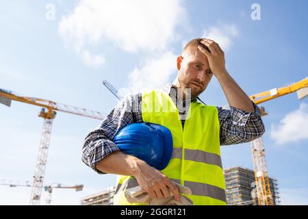 Unglücklicher Trauriger Trauriger Bauarbeiter. Verärgerte Frustration Des Vorarbeiters Stockfoto