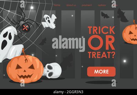 Trick or Treat Vektor flache Cartoon Landing Page Vorlage mit Text. Halloween Grusel Party Webpage Konzept mit Geistern, hässlichen Kürbissen, Spinnen, Schädeln und Fledermäusen. Halloween Event Banner Design. Stock Vektor