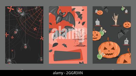 Set mit drei Halloween Einladungskarten Design. Beängstigende Spinnen auf Netzen, Fledermäusen, Giften, Gräbern und hässlichen Kürbissen Vektor flache Cartoon-Illustration. Trick or Treat Halloween Party Poster Konzept. Stock Vektor