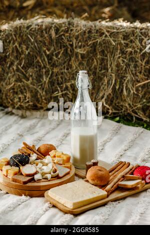 Vertikales Käsesortiment auf Holzbrett mit Milch und Brot vor getrocknetem Grasstroh Stockfoto