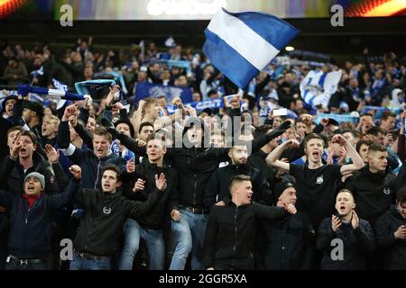 Fans von KAA Gent während des Fußballspiels Tottenham Hotspur gegen KAA Gent in der UEFA Europa League Stockfoto