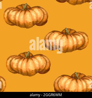 Aquarell Kürbis Nahtloses Muster. Orange, rosa und weiße Kürbisse Stockfoto