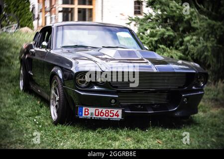 Das Pony-Auto Shelby Cobra GT500, (High-Performance-Version des Ford Mustang). Fokus auf Zentrum. Wirbeliges Bokeh. Die Ausstellung von 'US Car Classics'. Stockfoto