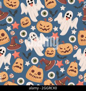 Halloween Nahtloses Muster. Unheimliche Geister, Hexenhüte, Sterne, Fledermäuse, Süßigkeiten, Menschliche Augen und Kürbisse isoliert auf blauem Hintergrund. Trick or Treat Halloween Party Vektor flache Cartoon Hintergrund. Stock Vektor