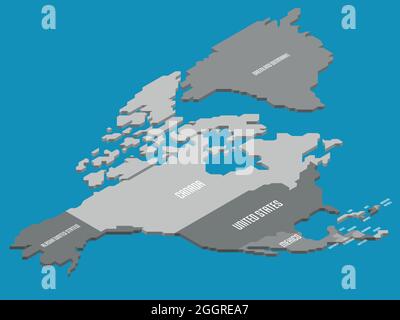 Isometrische politische Karte von Nordamerika. Graues Land mit Ländernamen auf blauem Meer- und Ozeanhintergrund. 3D-Vektordarstellung Stock Vektor