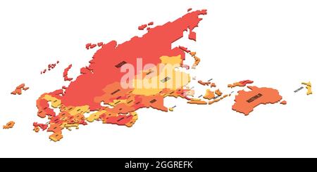 Isometrische politische Karte von Eurasien und Australien. Buntes Land mit Ländernamen auf weißem Hintergrund. 3D-Vektordarstellung Stock Vektor