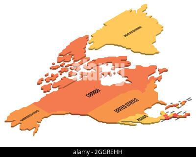 Isometrische politische Karte von Nordamerika. Buntes Land mit Ländernamen auf weißem Hintergrund. 3D-Vektordarstellung Stock Vektor