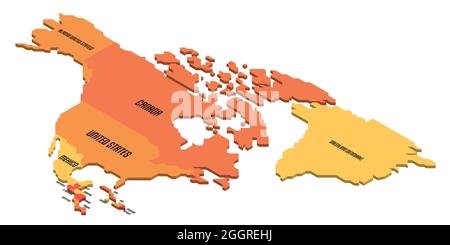 Isometrische politische Karte von Nordamerika. Buntes Land mit Ländernamen auf weißem Hintergrund. 3D-Vektordarstellung Stock Vektor