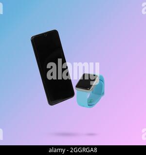 Mobiltelefon und Smartwatch, während sie in der Luft schweben, auf einem Hintergrund, der von einem blauen und rosafarbenen Farbverlauf beleuchtet wird. Kreativer minimaler Hintergrund. P Stockfoto