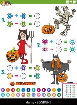 Cartoon Illustration der pädagogischen mathematischen Addition und Subtraktion Puzzle-Aufgabe mit Kindern Charaktere auf Halloween Zeit Stock Vektor