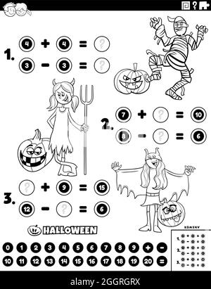 Schwarz-Weiß-Cartoon-Illustration der pädagogischen mathematischen Addition und Subtraktion Puzzle-Aufgabe mit Kindern Charaktere auf Halloween-Zeit Farbe Stock Vektor