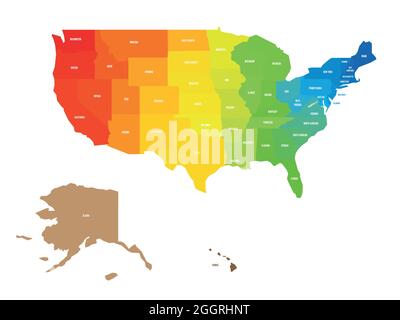 Bunte Karte der USA, Vereinigte Staaten von Amerika. Regenbogen Spektrum Farben mit Schatten überlappenden Effekt. Karte mit Landesnamen Stock Vektor