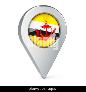 Kartenzeiger mit Flagge von Brunei, 3D-Rendering isoliert auf weißem Hintergrund Stockfoto