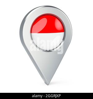 Kartenzeiger mit Flagge Indonesiens, 3D-Darstellung isoliert auf weißem Hintergrund Stockfoto