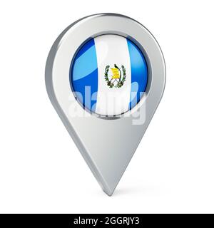 Kartenzeiger mit Flagge Guatemalas, 3D-Darstellung isoliert auf weißem Hintergrund Stockfoto