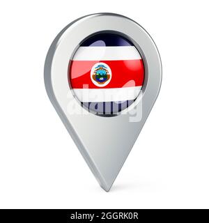 Kartenzeiger mit Flagge von Costa Rica, 3D-Rendering isoliert auf weißem Hintergrund Stockfoto