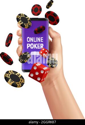 Online Casino Poker Komposition mit menschlicher Hand hält Smartphone-Chips und Würfel Vektor Illustration Stock Vektor