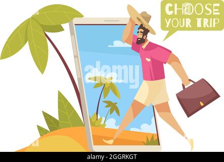 Reisebuchung in mobilen App-Komposition mit Cartoon-Figur geht in den Urlaub mit Tasche Vektor Illustration Stock Vektor