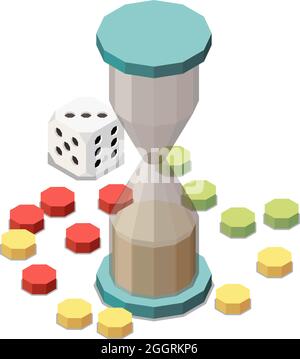 Brettspiel isometrische farbige Zusammensetzung mit Würfel-Chips und Sanduhr 3d-Vektor-Illustration Stock Vektor