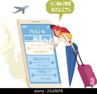 Cartoon-Komposition mit Frau Buchung Flugtickets auf Smartphone Vektor-Illustration Stock Vektor