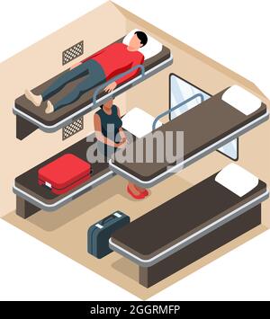 Isometrische Eisenbahnkomposition mit Ansicht des Abschnitts im Fernzugwagen mit Schlafsitzen und Vektor-Illustration für Passagiere Stock Vektor