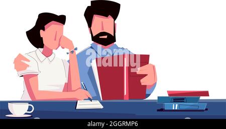Vater flache Zusammensetzung mit Charakter des erwachsenen Mannes hilft Teenager-Tochter zu lernen Buch Vektor Illustration Stock Vektor