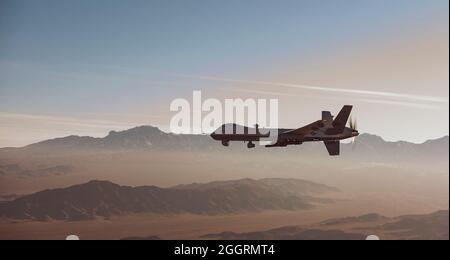 Das unbemannte Luftfahrzeug General Atomics MQ-9 Reaper fliegt eine Trainingsmission über den Test- und Trainingsbereich von Nevada auf der Creech Air Force Base am 14. Januar 2020 in Indian Springs, Nevada. Stockfoto