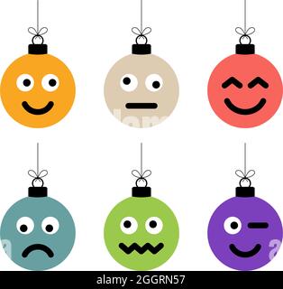 Set von bunten Weihnachtskugeln mit niedlichem Gesicht. Emoticons auf Bubble-Spielzeug. Vektor für Dekoration Urlaub Weihnachtsbaum Stock Vektor