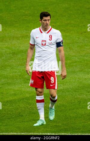 Warschau, Polen. September 2021. Robert Lewandowski aus Polen während des Spiels der FIFA Fußball-Qualifikationsgruppe I 2022 zwischen Polen und Albanien im PGE-Nationalstadion in Warschau, Polen, am 2. September 2021 (Foto von Andrew SURMA/ Quelle: SIPA USA/Alamy Live News Stockfoto